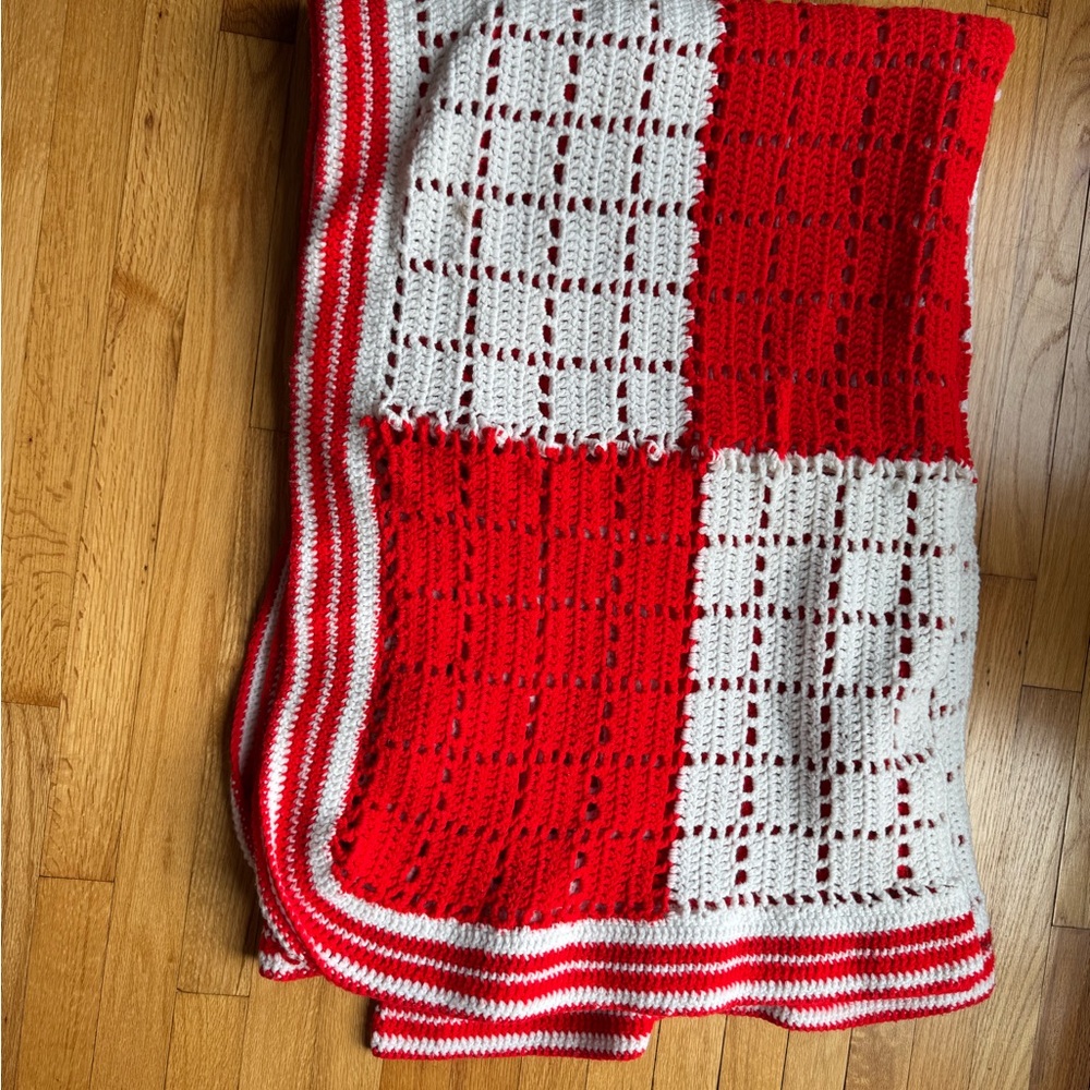 Red and White Crochet Blanket